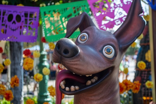 A colorful animated cartoon dog playing in a bright, cheerful environment.