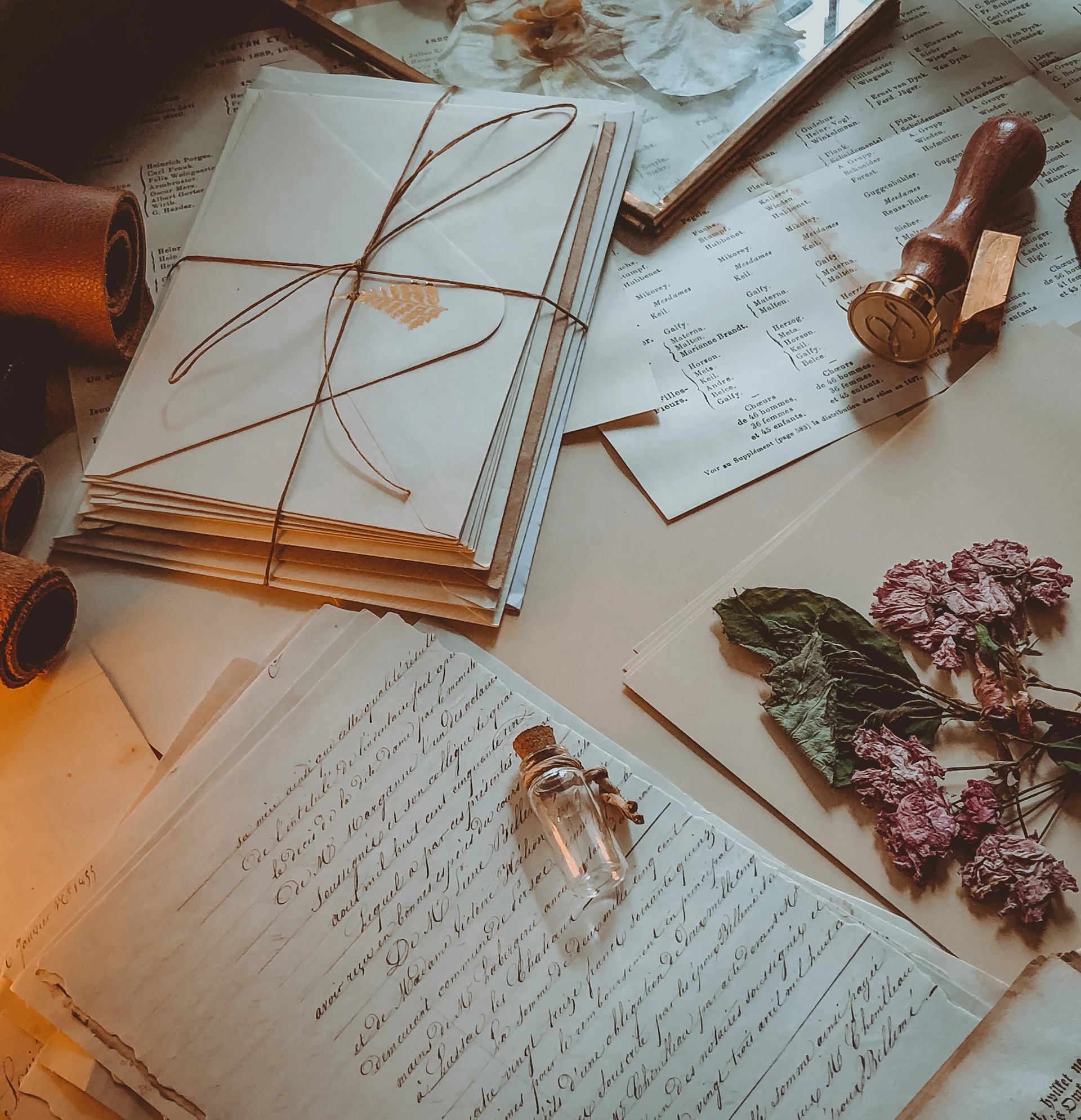 a table topped with lots of papers and flowers