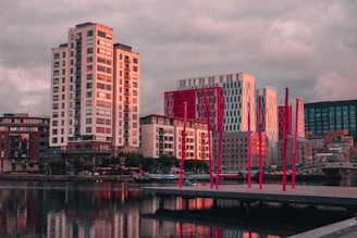 a body of water with buildings in the background