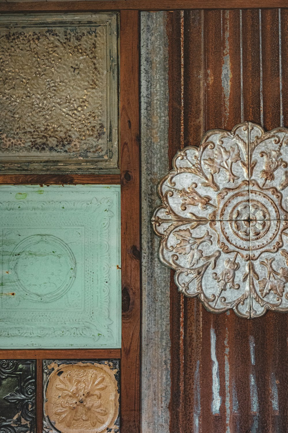 a wooden wall with a decorative wall hanging on it