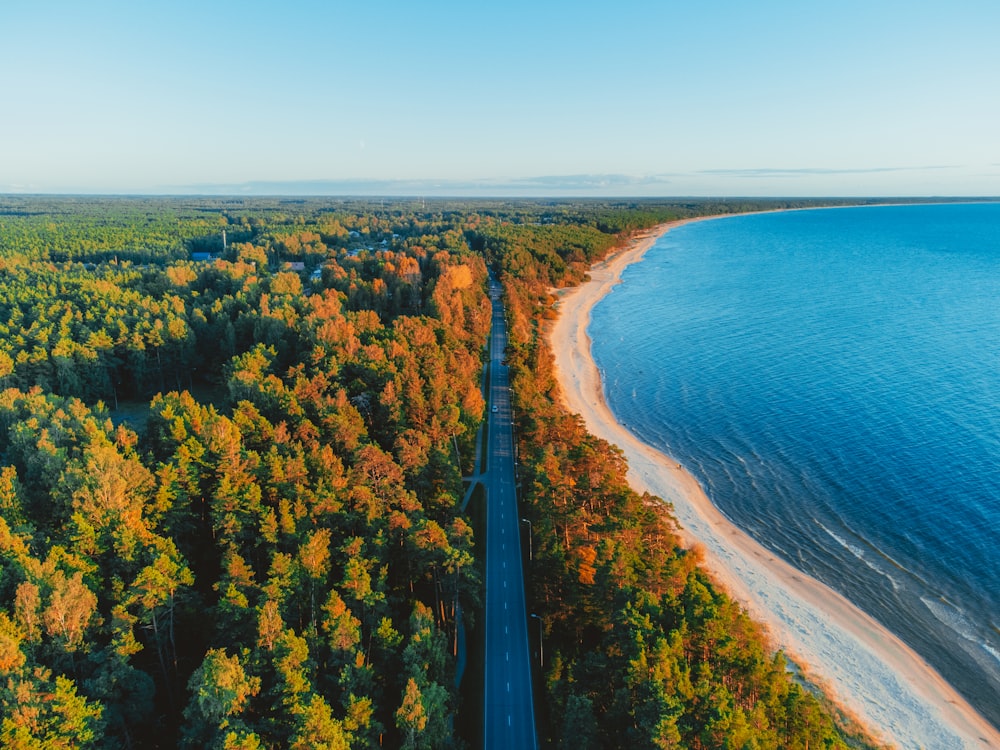 an aerial view of a road near the ocean