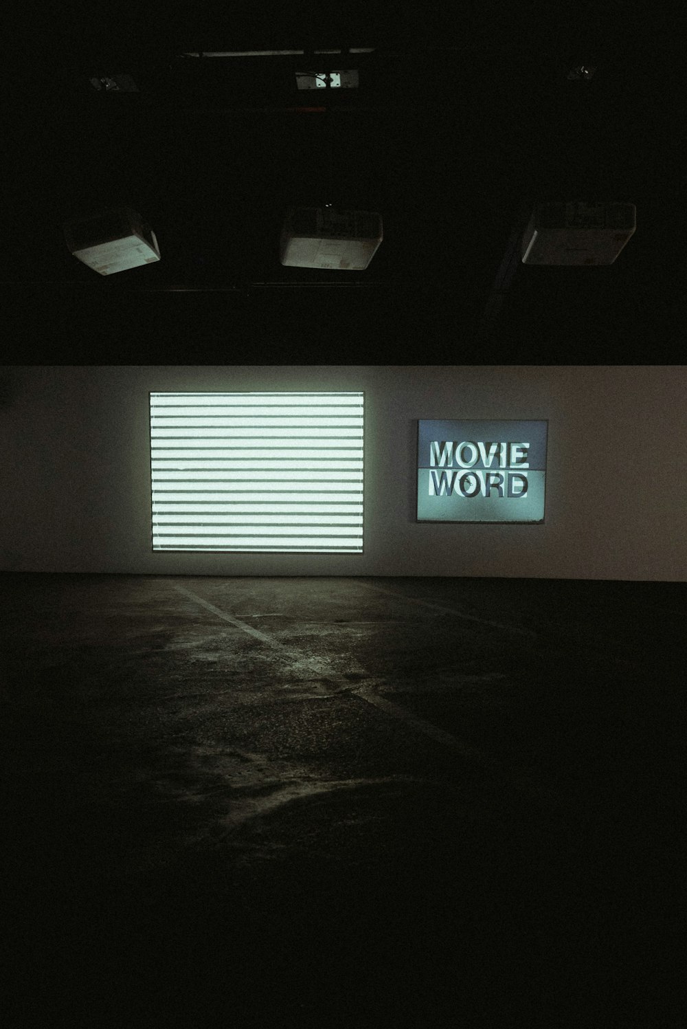 a dark room with a movie word projected on the wall