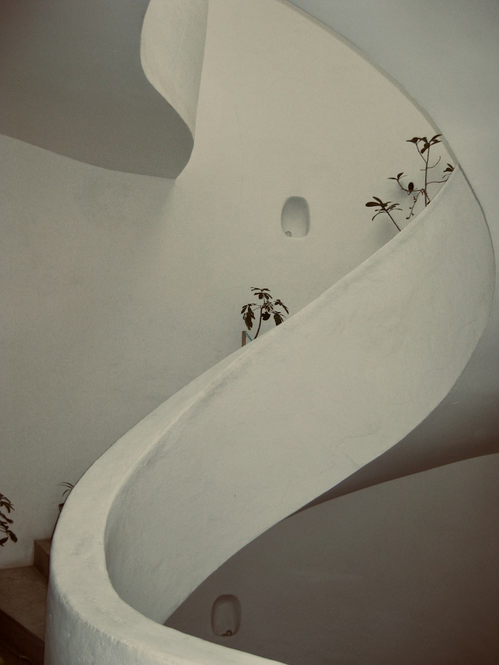 a man riding a skateboard down the side of a white wall