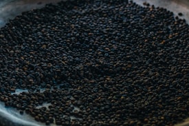 A large collection of coffee beans spread across a surface, with variations in roasting levels visible. The lighting is dim, creating a rich and earthy ambiance.