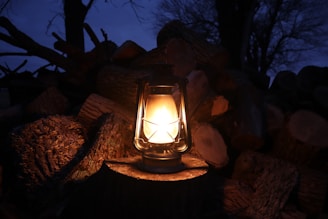 A lantern emits a warm glow, illuminating its immediate surroundings against a backdrop of cut logs. The setting appears to be outdoors at dusk, with silhouetted trees visible in the background sky.