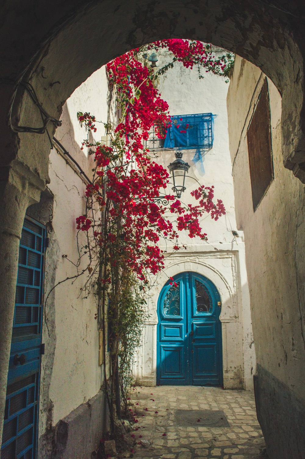 une ruelle étroite avec une porte bleue et des fleurs rouges