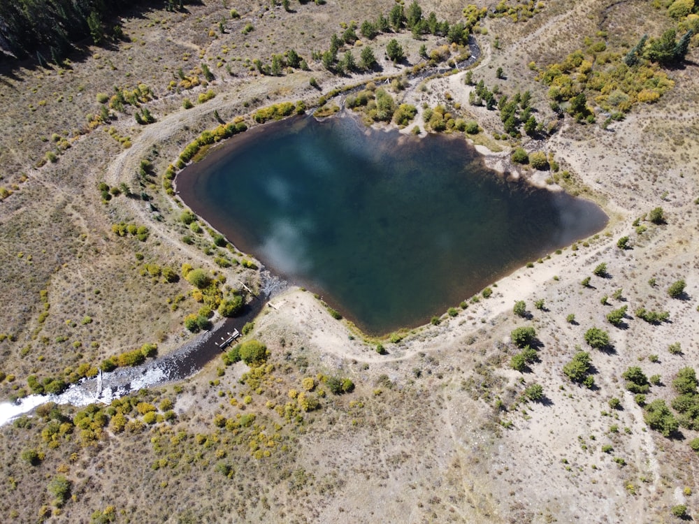 an aerial view of a lake surrounded by trees