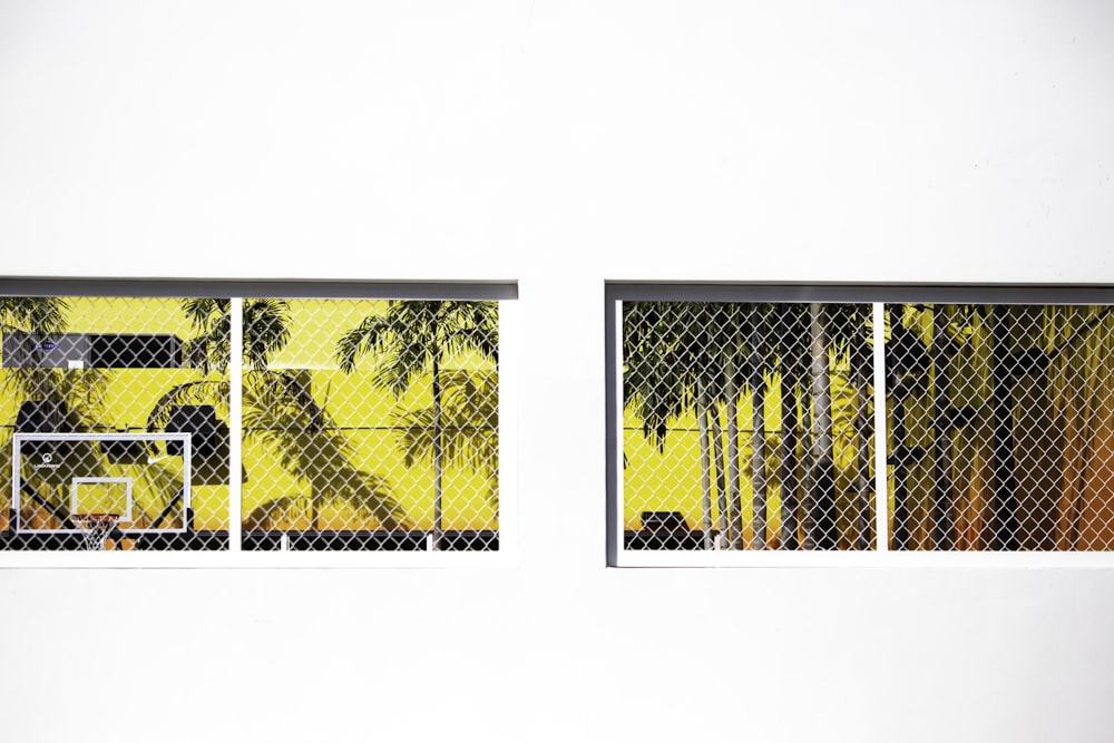 a white wall with two windows and a yellow wall with palm trees