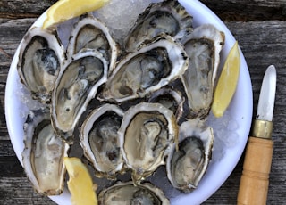 a plate of oysters with lemon wedges and a knife