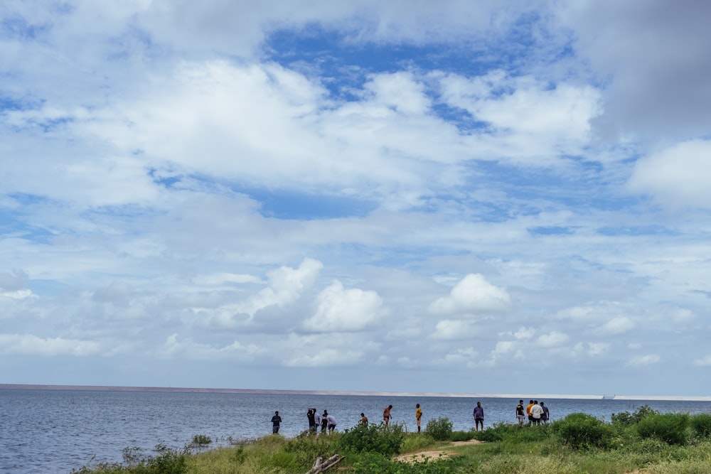 a group of people standing on top of a lush green hillside