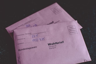 Two pink envelopes labeled for the Bundestag election, featuring handwritten numbers and official text, resting on a dark surface. The envelopes have a formal design with election-related details.