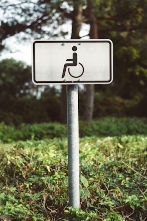 a handicapped sign in the middle of a field