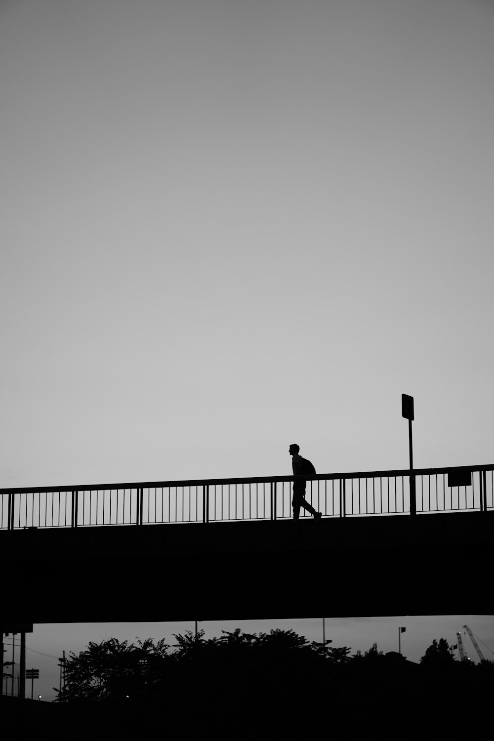 a person walking across a bridge over water