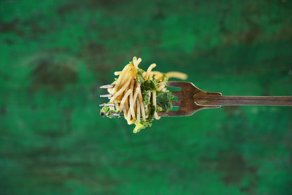 a person holding a fork with a bunch of food on it