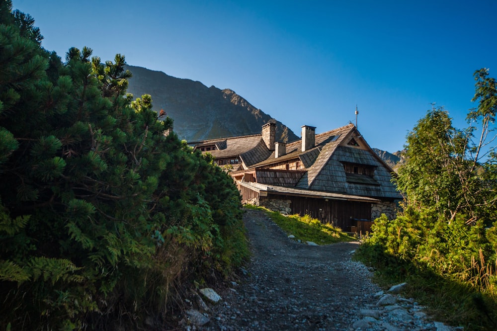 a path leading to a house with a mountain in the background