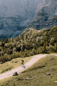 A scenic view of a cyclist riding through lush green mountains in Ecuador.
