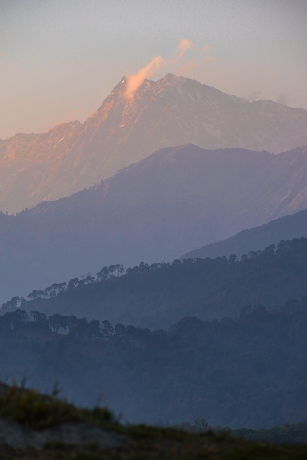 a view of a mountain range with trees in the foreground