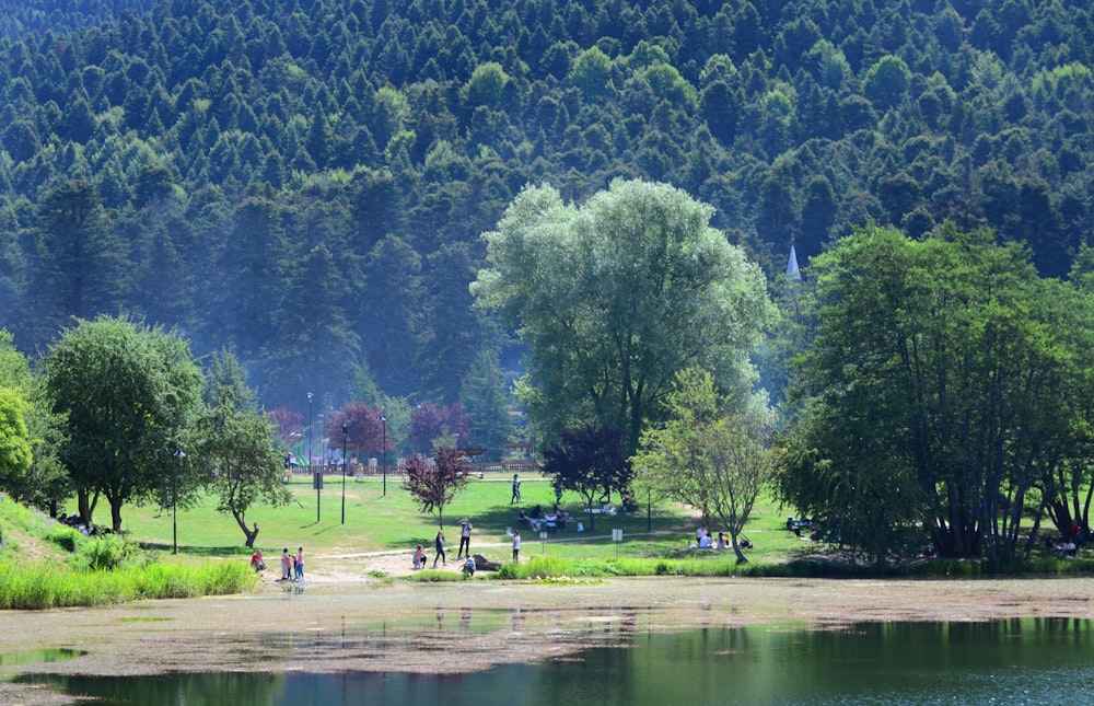 a group of people walking around a park next to a lake