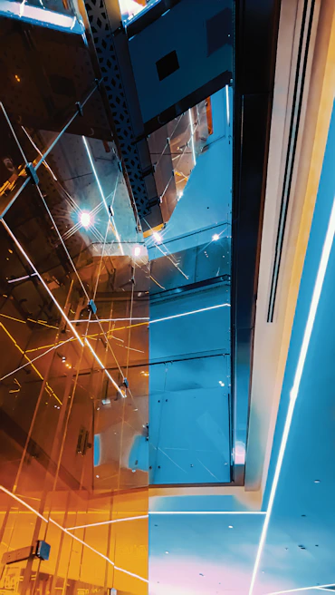 Cinematic architectural presentation of a luxury event space featuring geometric line accents and smooth gradient lighting