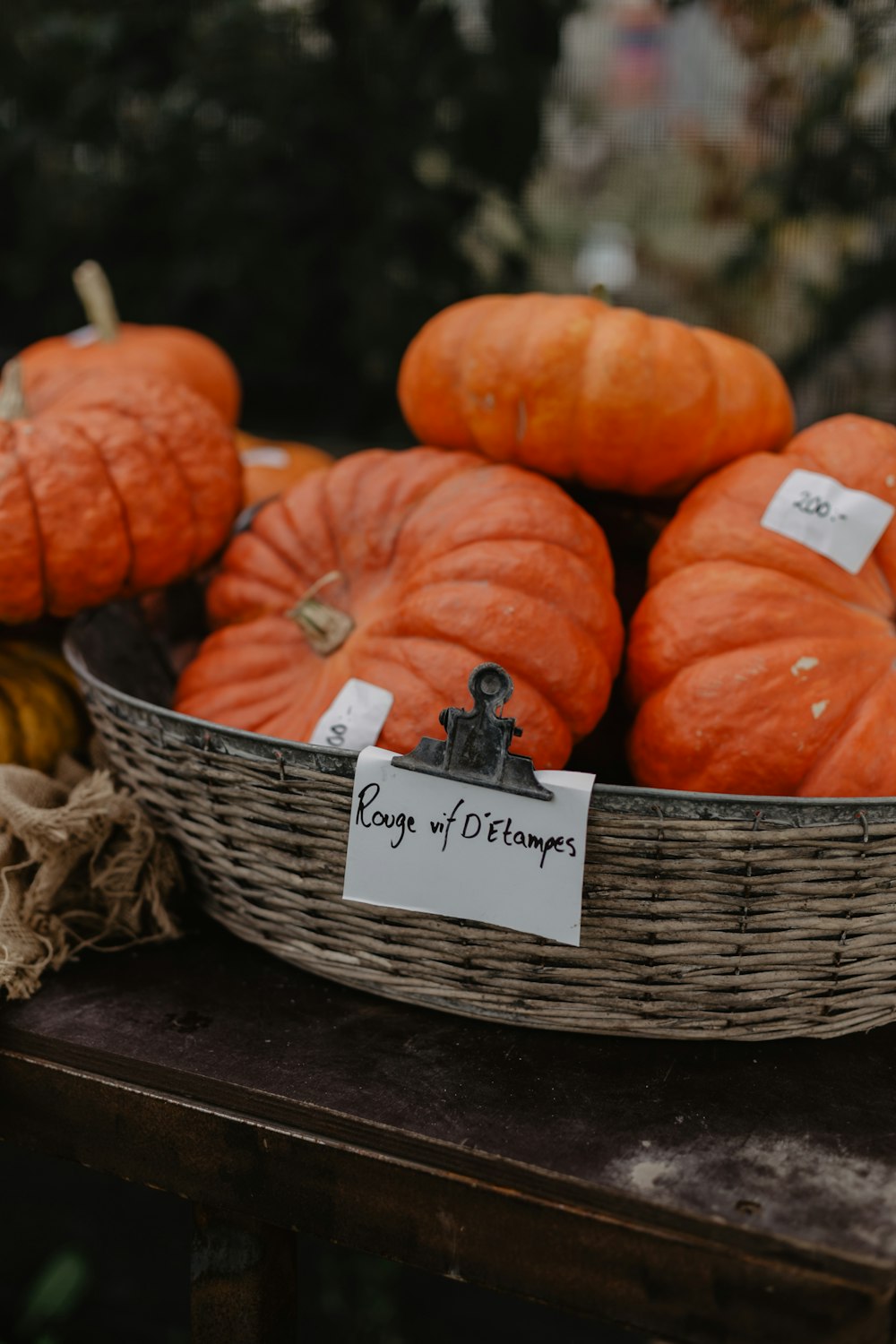 a basket filled with lots of orange pumpkins