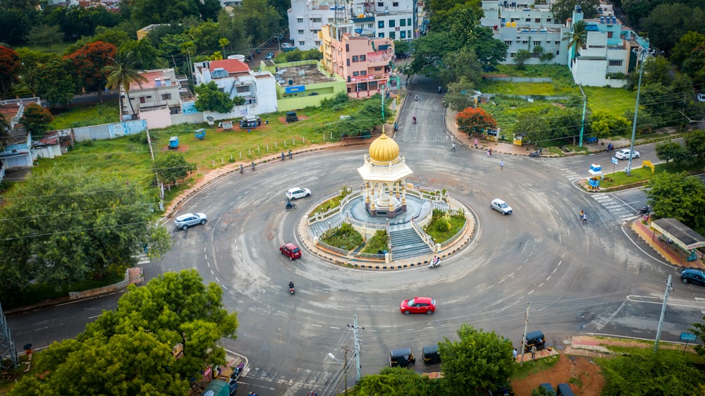 an aerial view of a city with a clock tower