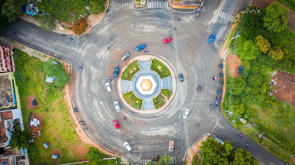 an aerial view of a roundabout in the middle of a city
