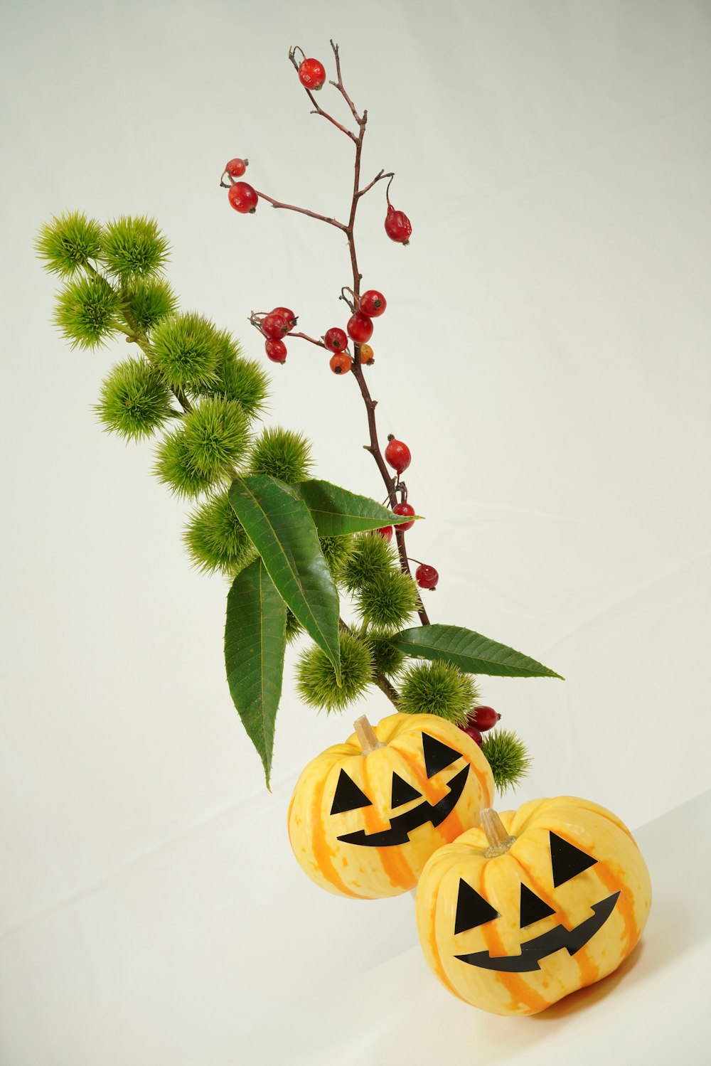 a couple of pumpkins sitting on top of a table