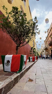 A narrow street with a red and yellow wall on the left and potted plants wrapped in Mexican flags. The pavement is made of stone tiles. Lanterns are strung overhead, and a few people are walking in the distance.