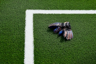 A pair of colorful goalkeeper gloves lies on a green soccer field near the white boundary line.