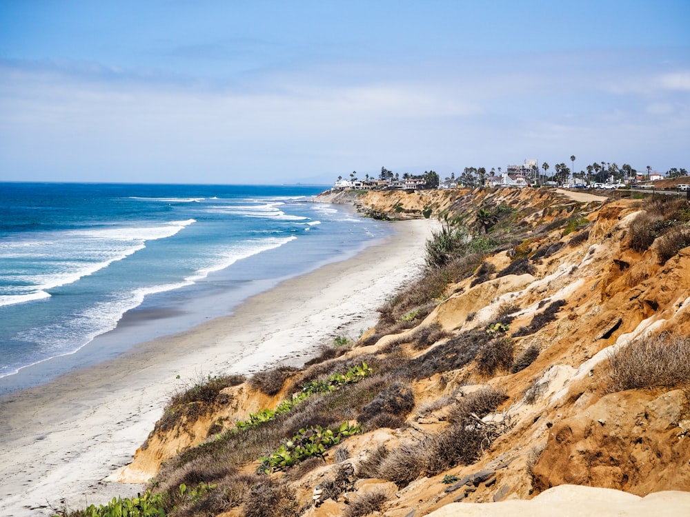 a view of a beach and the ocean from a cliff