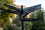 A multi-directional signpost with several black signs featuring white text in multiple languages, indicating distances and estimated walking or biking times to various locations. The background includes trees with green leaves and parts of nearby buildings.