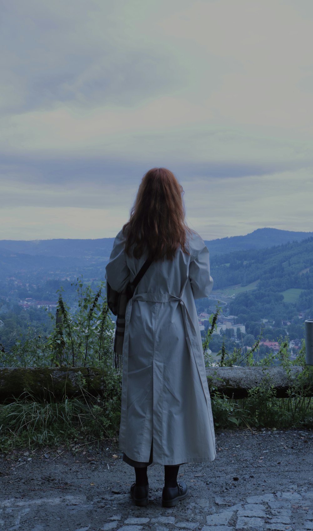 a woman in a trench coat looking out over a valley
