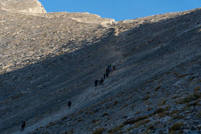 A group of men walking together along a rugged mountain trail at dawn, shadows long and strong.