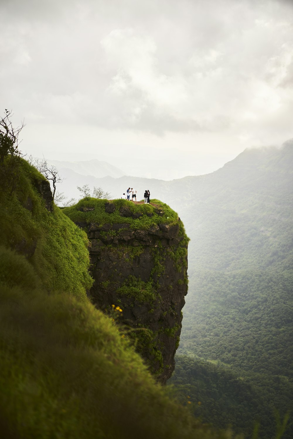 a group of people standing on top of a cliff