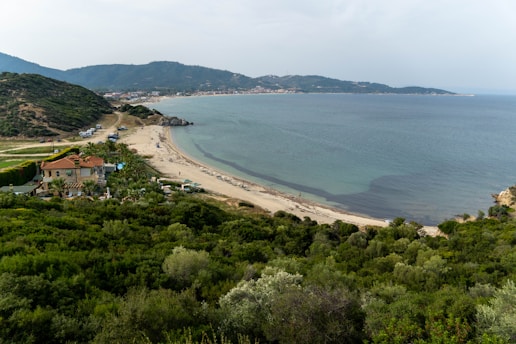A coastal landscape featuring a serene beachfront with gentle waves lapping against the shore. The foreground is lush with various green vegetation leading to a quaint house with a terracotta roof and palm trees nearby. A winding road runs along the coast, lined with a few parked vehicles. The background showcases distant hills and a small town across the bay, under a slightly overcast sky.