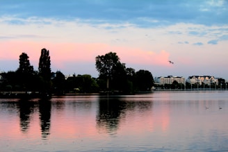 A tranquil lakeside scene at dusk, with calm water reflecting the vibrant sunset and silhouettes of wild birds.