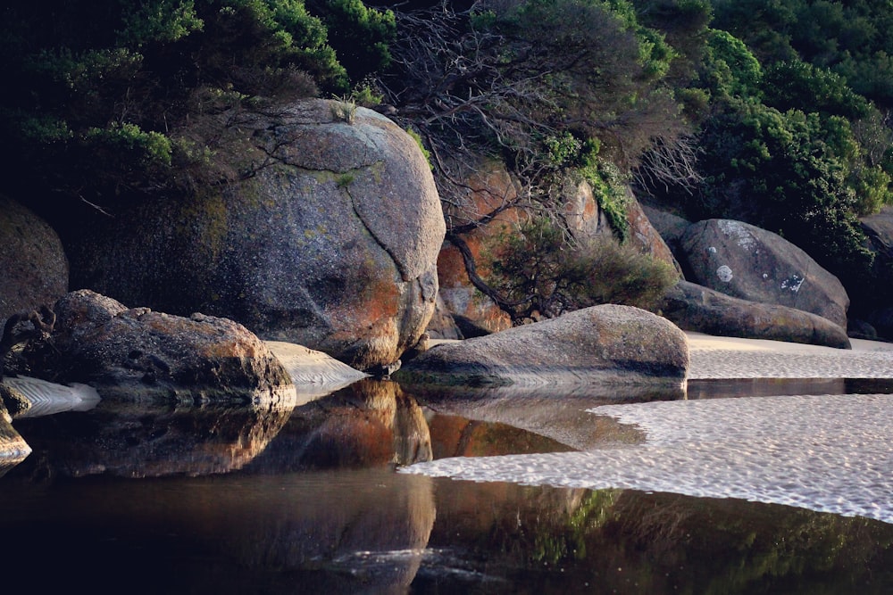 a beach with large rocks and a body of water