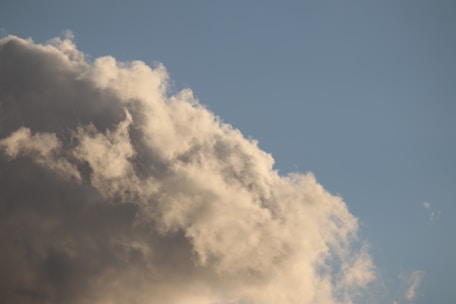 A high-resolution image of a cloud formation against a clear blue sky. The clouds appear dense and fluffy, capturing varying shades of gray and white as they reflect the sunlight.