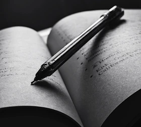 Stylized open book with pen symbolizing writing and editing.