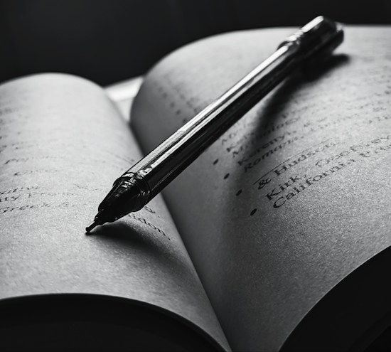 An open book with a pen resting diagonally across the pages. The text is slightly blurred, and the overall tone is in black and white, creating a focused and intimate atmosphere. The pen casts a shadow on the page, enhancing the depth and lighting contrast.