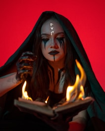 a woman with makeup on holding a book