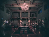 An artistic shot of the event's chic decor blending modern elegance with a secretive atmosphere