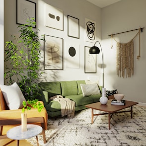 a living room with a green couch and a coffee table