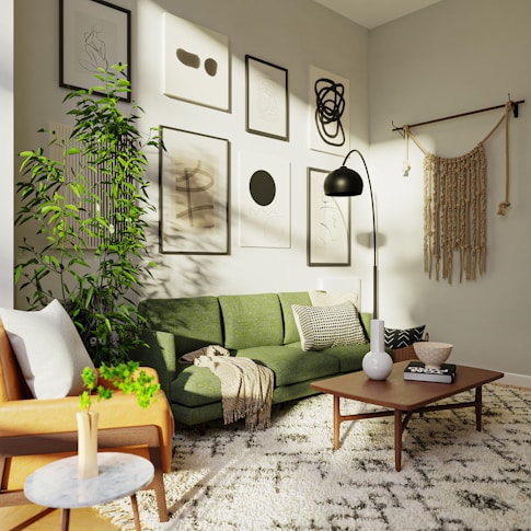 a living room with a green couch and a coffee table