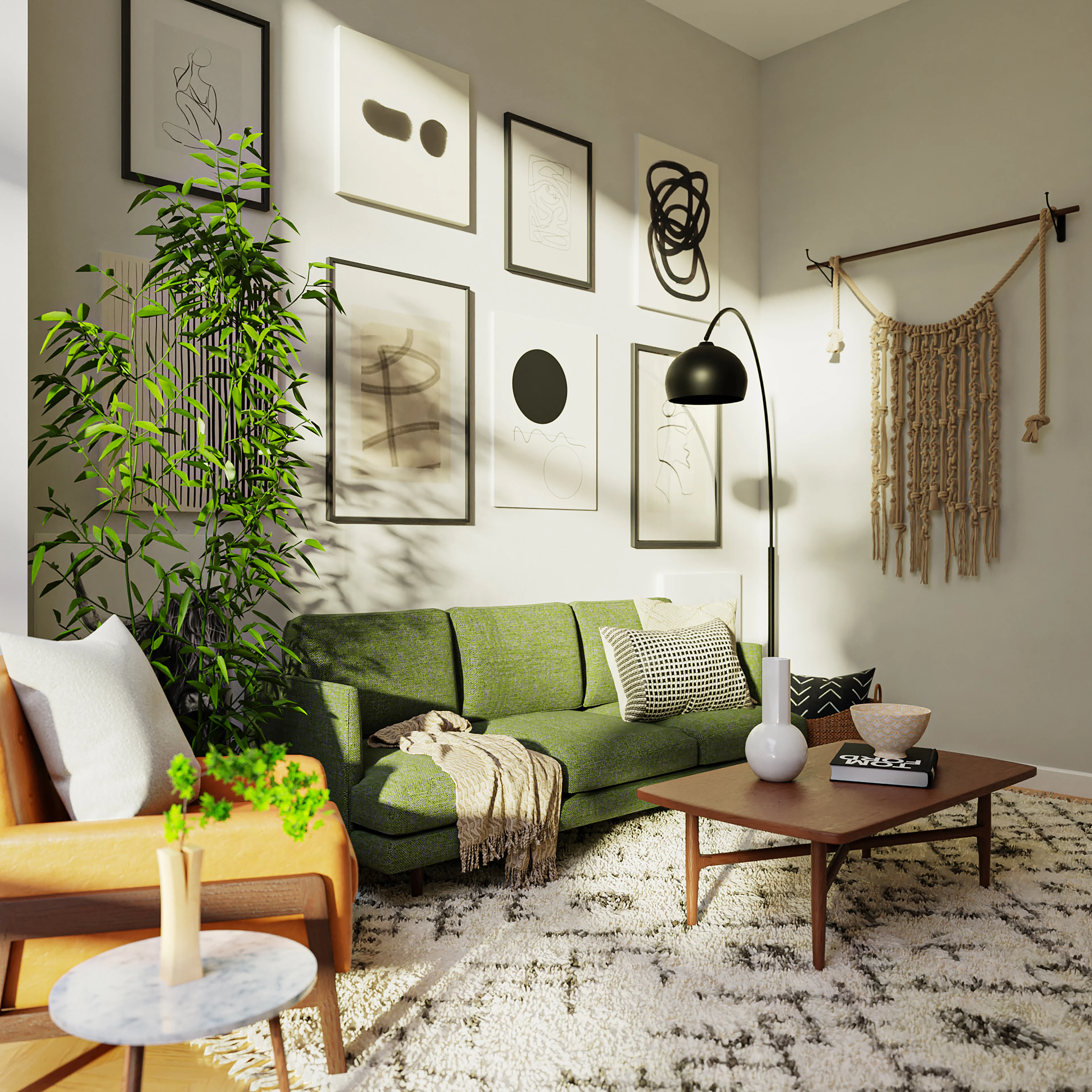Living room with a green sofa and plants