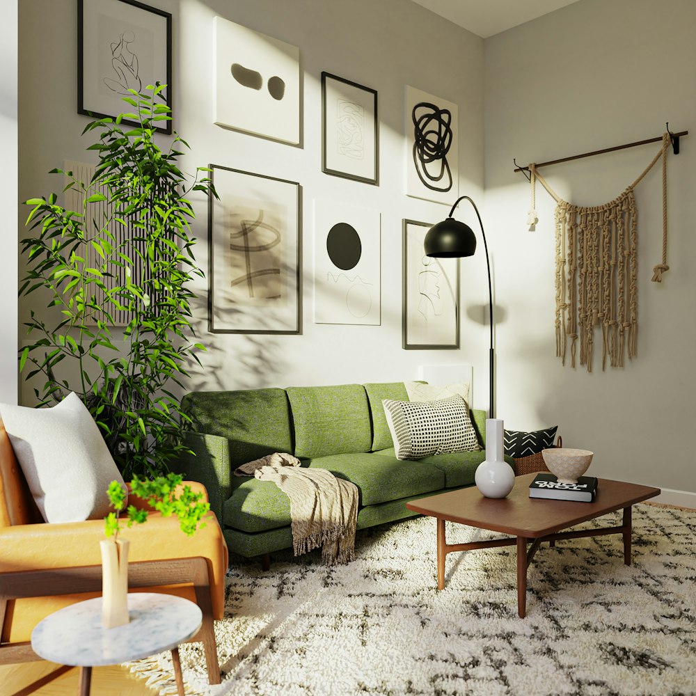 a living room with a green couch and a coffee table