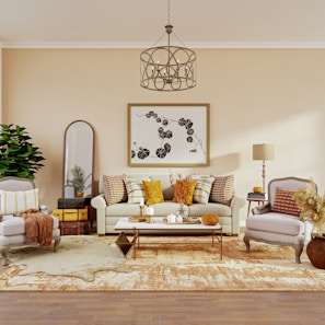 A cozy living room bathed in warm amber and terracotta tones with soft velvet cushions.
