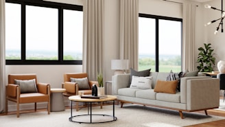 a view of a living room filled with furniture and a large window