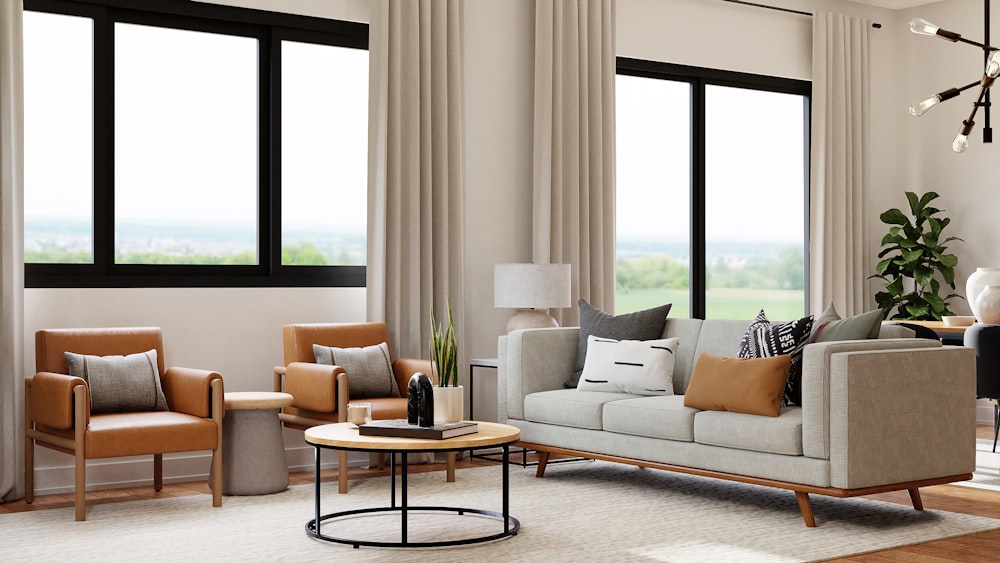 a view of a living room filled with furniture and a large window