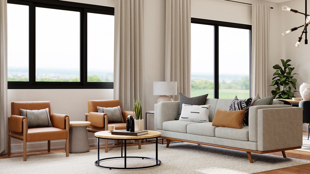 una vista di un soggiorno pieno di mobili e una grande finestra